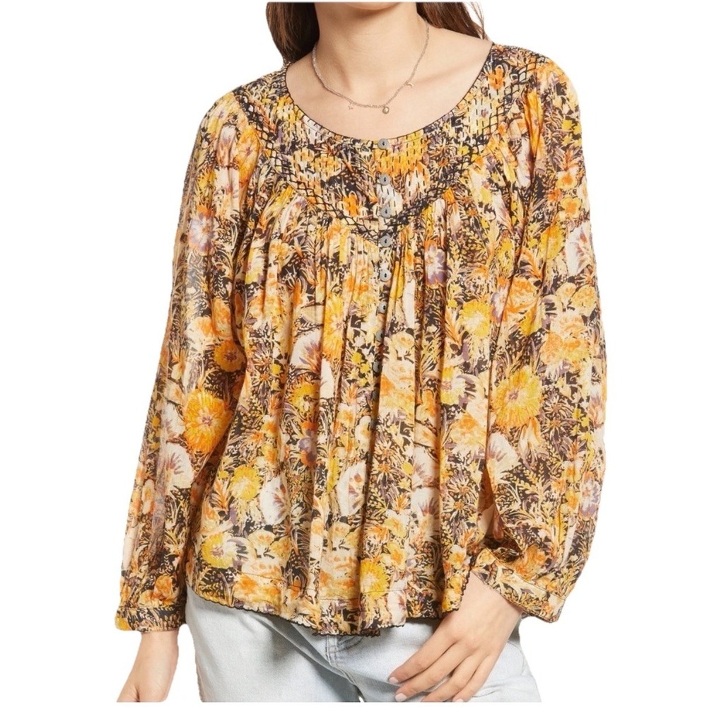 We the Free People Top Women's Small Floral Waiting on Summer Pintuck Tunic
